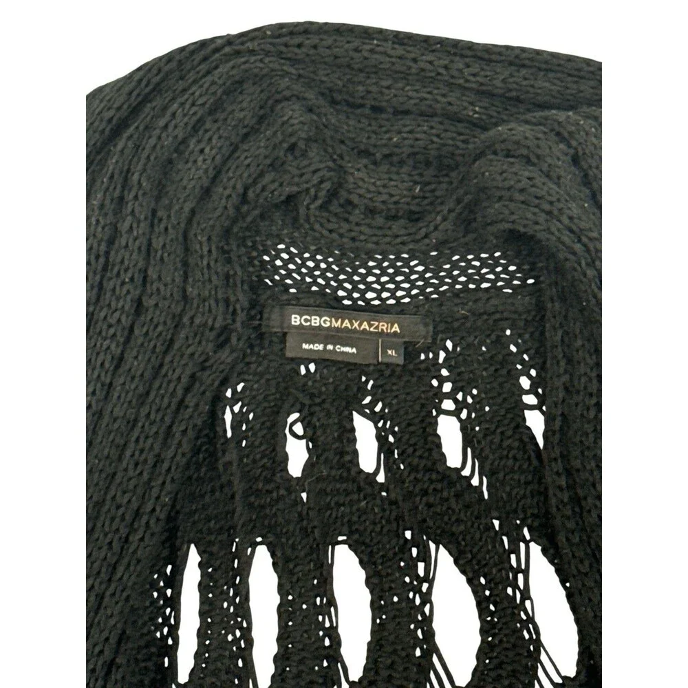 BCBG Draped Open Knit Tank Duster Waterfall Scarf Black Crochet Boho Longline XL